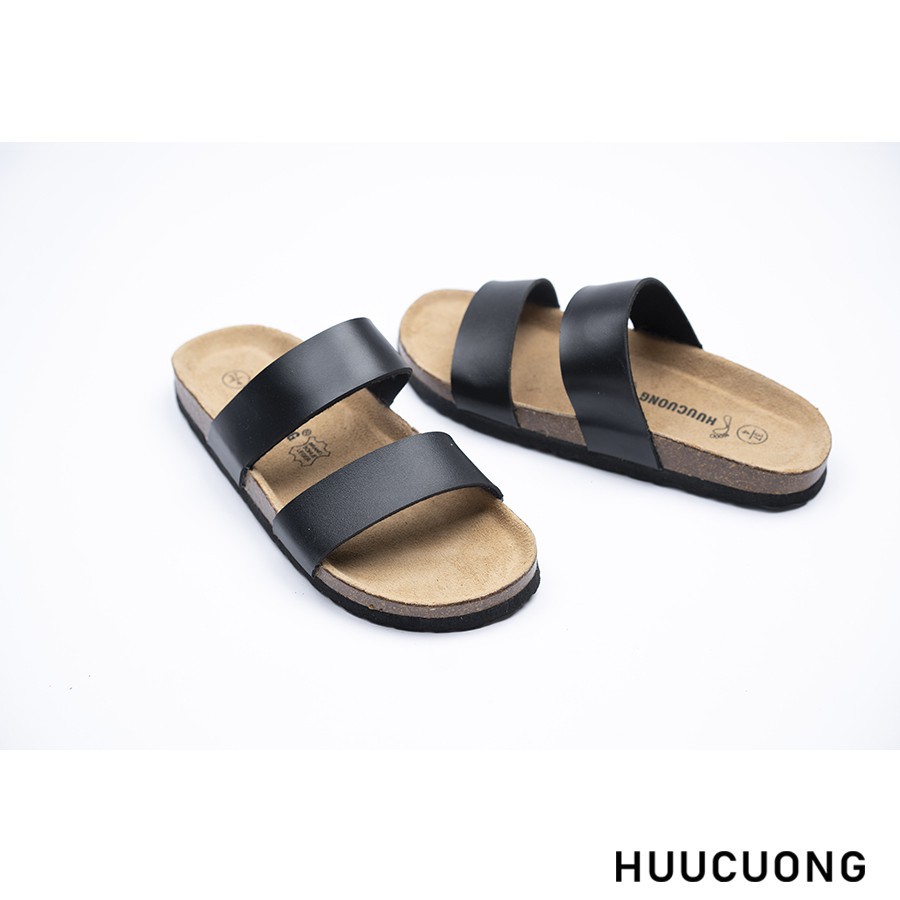 Dép unisex HUUCUONG 2 quai ngang pu đế trấu handamde