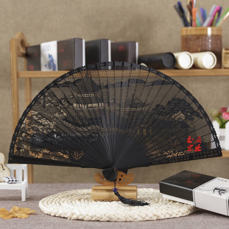 (M880) Quạt gỗ cổ trang bản đẹp nan 21cm khắc hình trên nan PHONG CẢNH CUNG ĐÌNH MẪU ĐƠN phong cách cổ trang Trung Quốc