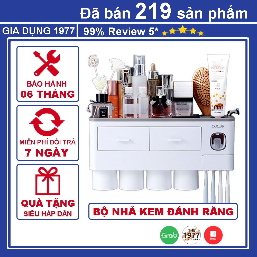 Bộ nhả kem đánh răng tự động, Kệ nhà tắm dán tường để đồ thông minh cao cấp 6 IN 1 sang trọng tiện lợi