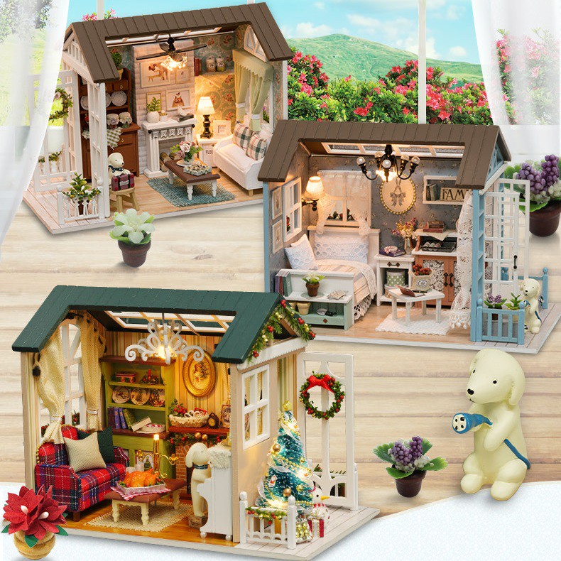 Mô hình nhà DIY Doll House American Retro Style Kèm Mica chống bụi, Bộ dụng cụ và Keo dán