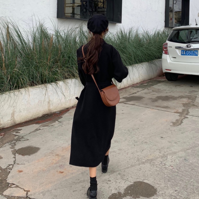 Đầm sơ mi Perty màu đen dáng ôm thời trang mùa thu phong cách Hàn Quốc dành cho nữ