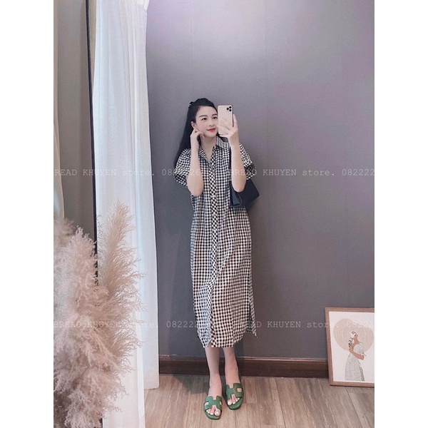 Váy sơ mi suông dáng rộng siêu xinh, Váy kẻ ô sơ mi suông tay ngắn, đầm bầu dáng suông