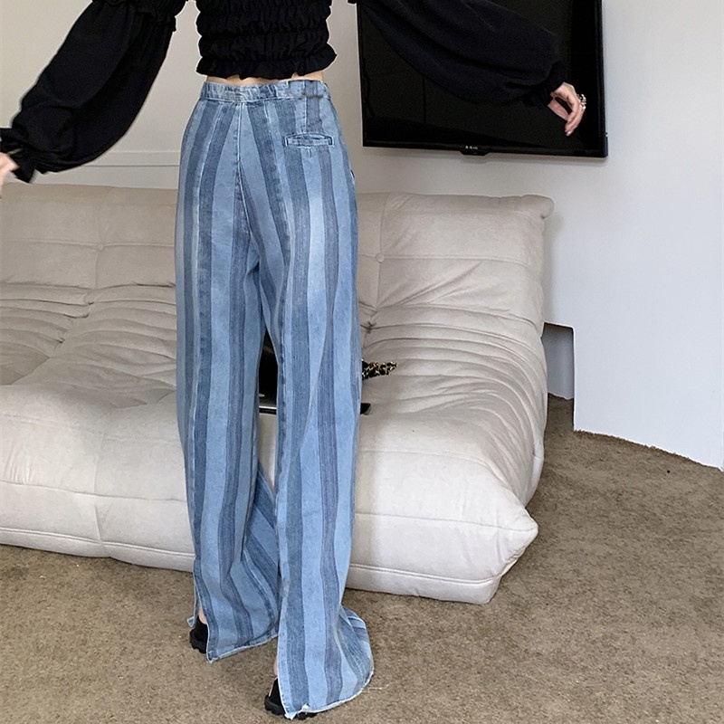 Quần Jean Dài Dáng Rộng Ống Suông Hoa Văn Kẻ Sọc Thời Trang