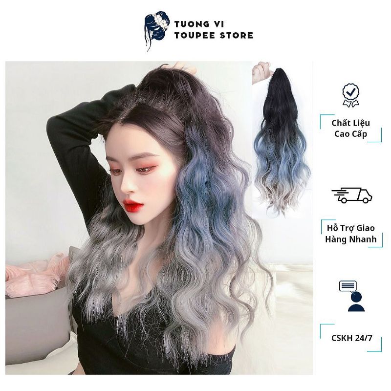 Tóc Giả Ngoặm Kẹp Mini Ombre Đen Xám Xanh Tơ Cao Cấp
