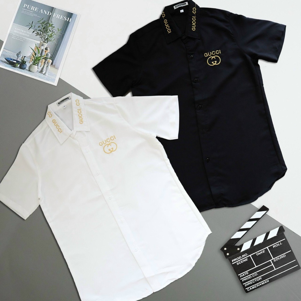 Áo sơ mi nam tay ngắn chất liệu kate lụa in họa tiết LV, BURBERRY