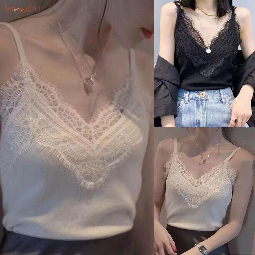 Women Casual Lace sling feminine halter bottoming shirt sleeveless top stretch knit | BigBuy360 - bigbuy360.vn