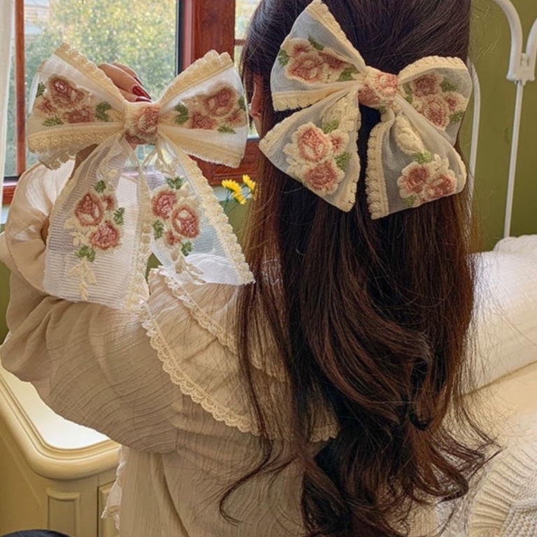 (CAO CẤP) Kẹp Tóc Hình Nơ Voan Thêu Hoa Hồng Phong Cách Hàn Quốc Cặp Tóc Cho Nàng Nhẹ Nhàng Xinh Xắn - #keptoc