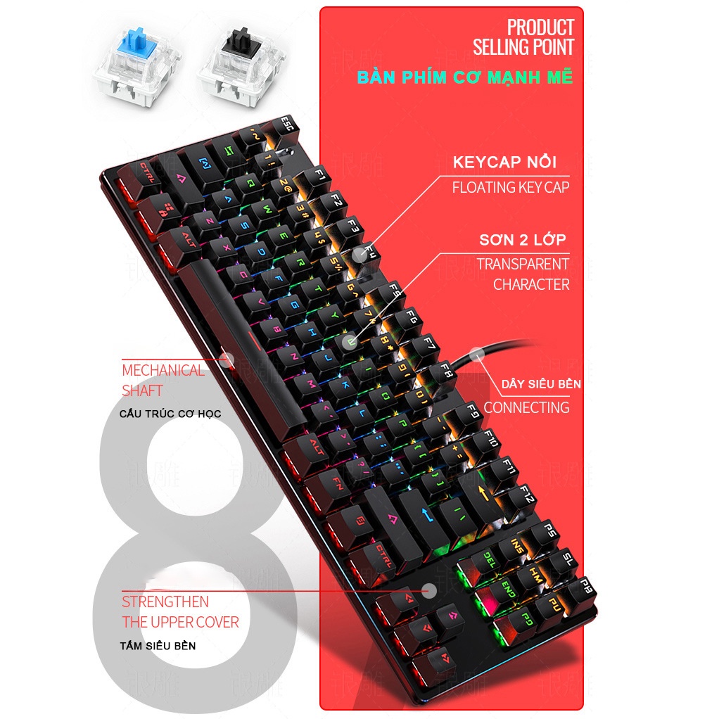 Bàn phím cơ gaming SIDOTECH TKL 87 key và Full Size 104 key LED RGB chuyên chơi game Esport - Hàng chính hãng