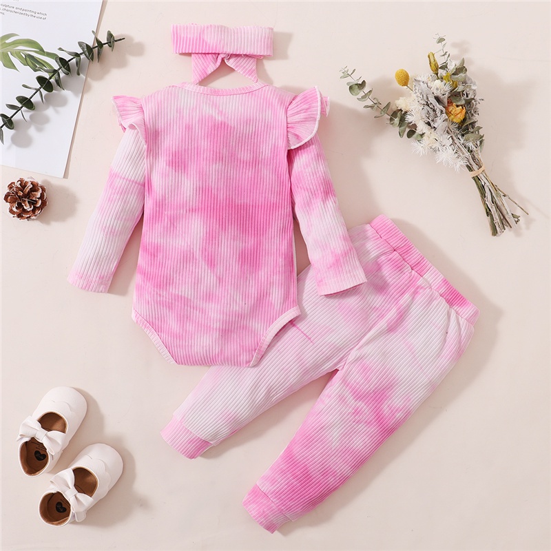 Set romper + quần + băng đô Mikrdoo tay dài màu trơn xinh xắn dành cho bé gái