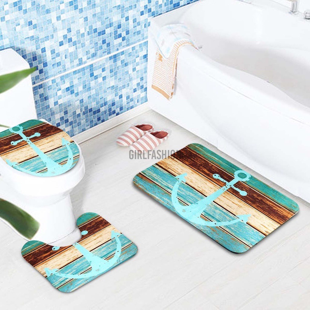 3Pcs Set Anchor Pattern Bathroom Non-Slip Pedestal Rug Lid Toilet Cover Bath Mat