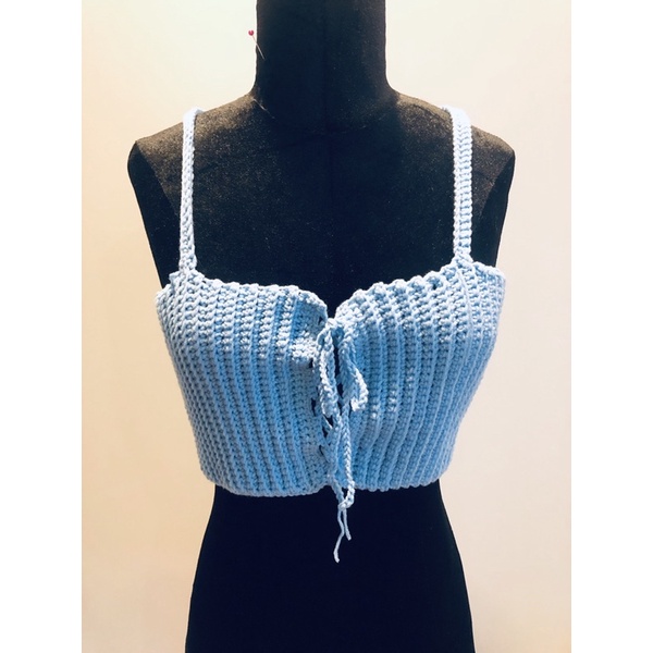 Áo croptop áo hai dây len móc thắt nơ ngực xanh thiên thanh