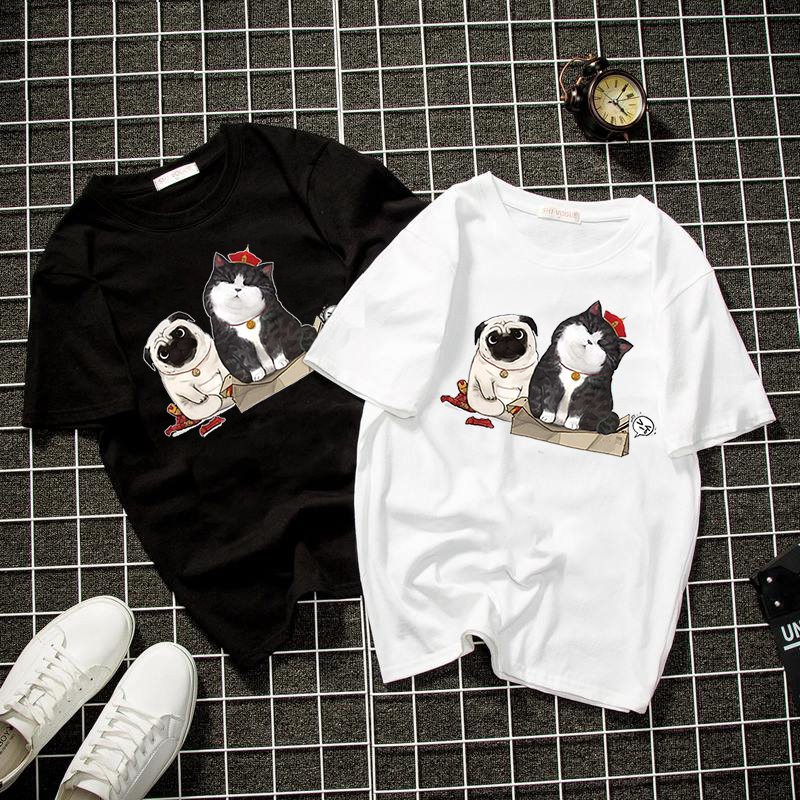 Áo thun unisex form rộng mèo hoàng thượng và chó pug vải dày mịn 2019T2149