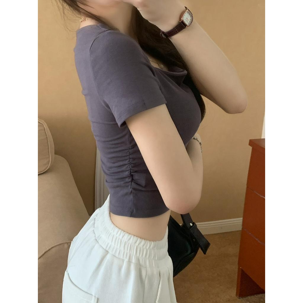 Áo Thun Tay Ngắn Cổ Vuông Nhiều Màu Sắc Đơn Giản Phong Cách Mới 63058