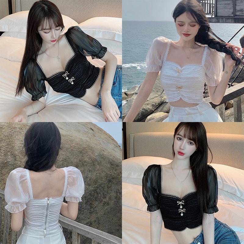 Áo Thun Ngắn Tay Cổ Vuông Phối Ren Gợi Cảm Cho Nữ Day6