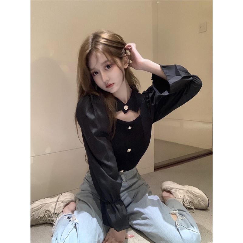 Áo sơ mi thân dệt kim tay phồng khoét cổ tiểu thư sang chảnh | BigBuy360 - bigbuy360.vn