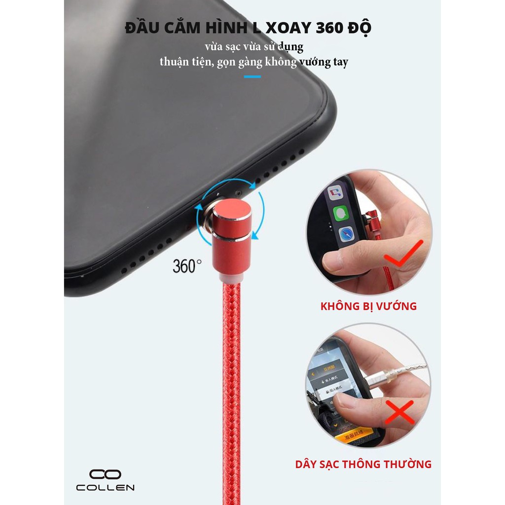 Dây sạc nam châm 360 độ cao cấp, cáp sạc nhanh 3 đầu cho điện thoại thông minh COLLEN