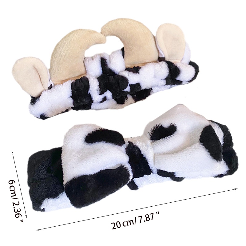 Băng Đô Cài Tóc Bằng Vải Flannel Mềm Họa Tiết Bò Sữa Đính Nơ Dễ Thương Cho Nữ