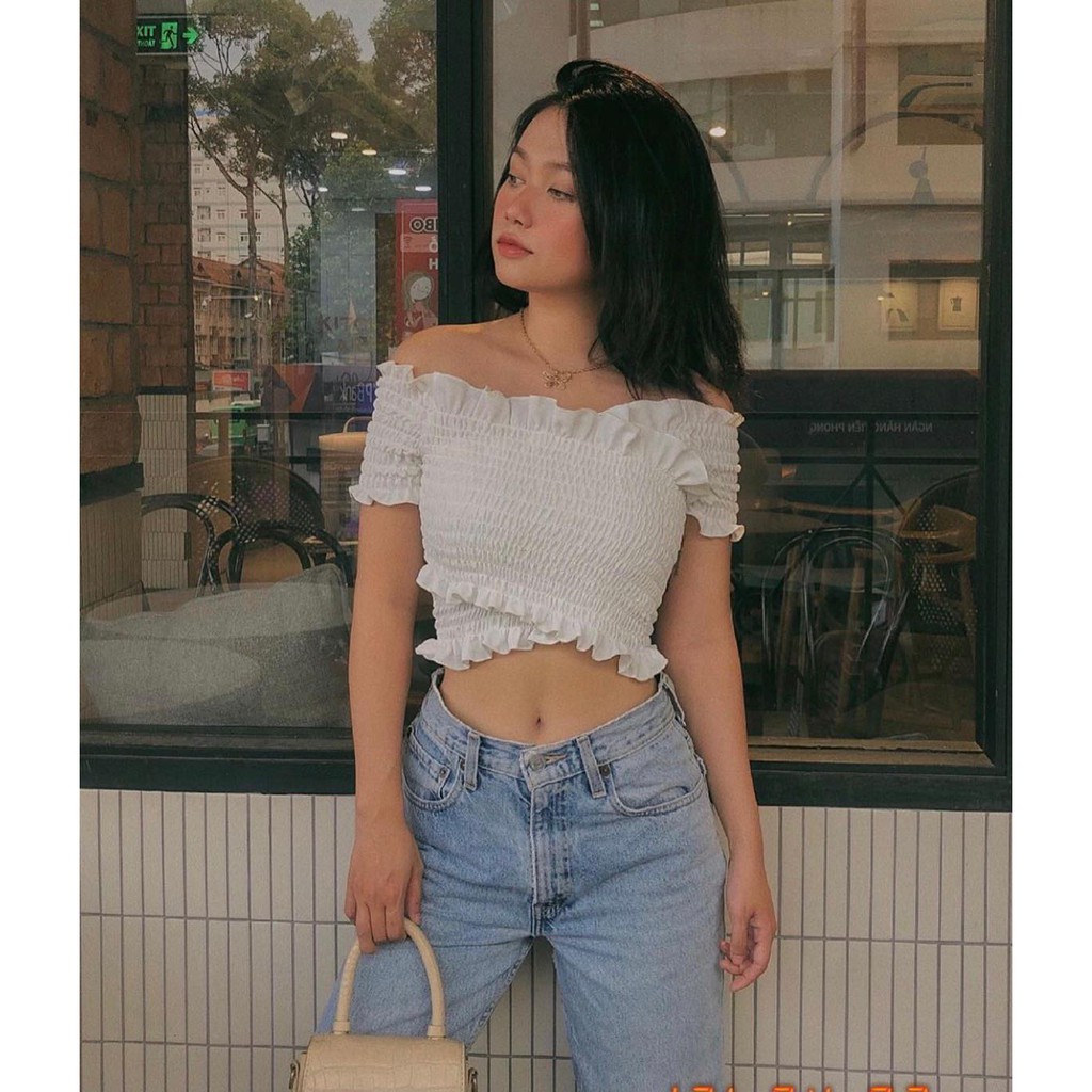 Áo croptop nhún thun đắp chéo bèo
