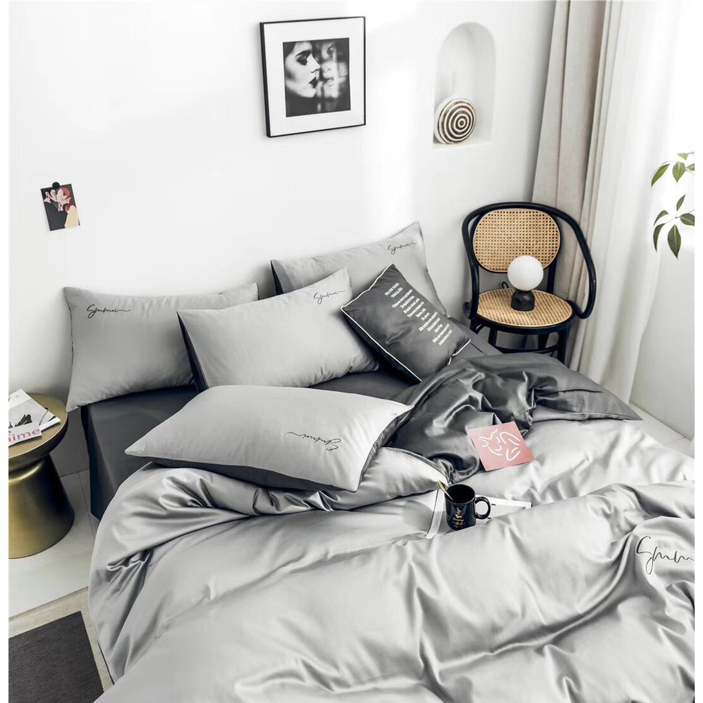 Bộ Chăn Ga Gối Lụa LIDACO cotton lụa trơn sợi vải 60s - Xám Nhạt Phối Màu