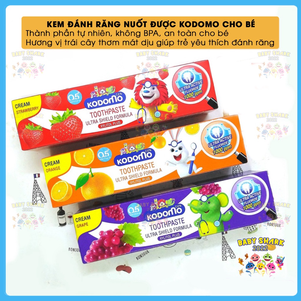 Kem đánh răng nuốt được cho bé KODOMO 65g vị dâu, nho, cam