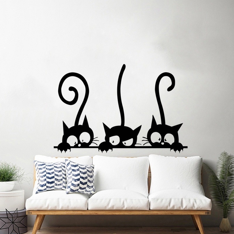 Sticker Dán Tường PVC Chống Thấm Nước Hình Ba Chú Mèo Đen Đáng Yêu Kích Thước 20X30CM
