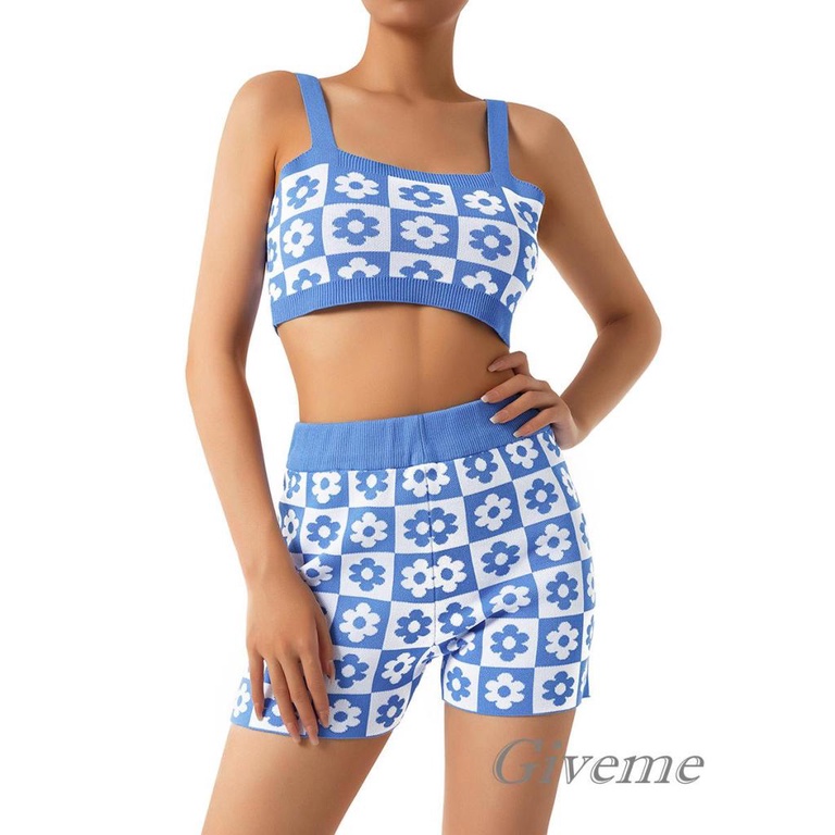 Bộ Áo Croptop Dệt Kim Hai Dây In Họa Tiết Phối Quần Short Co Giãn Thời Trang Cho Nữ