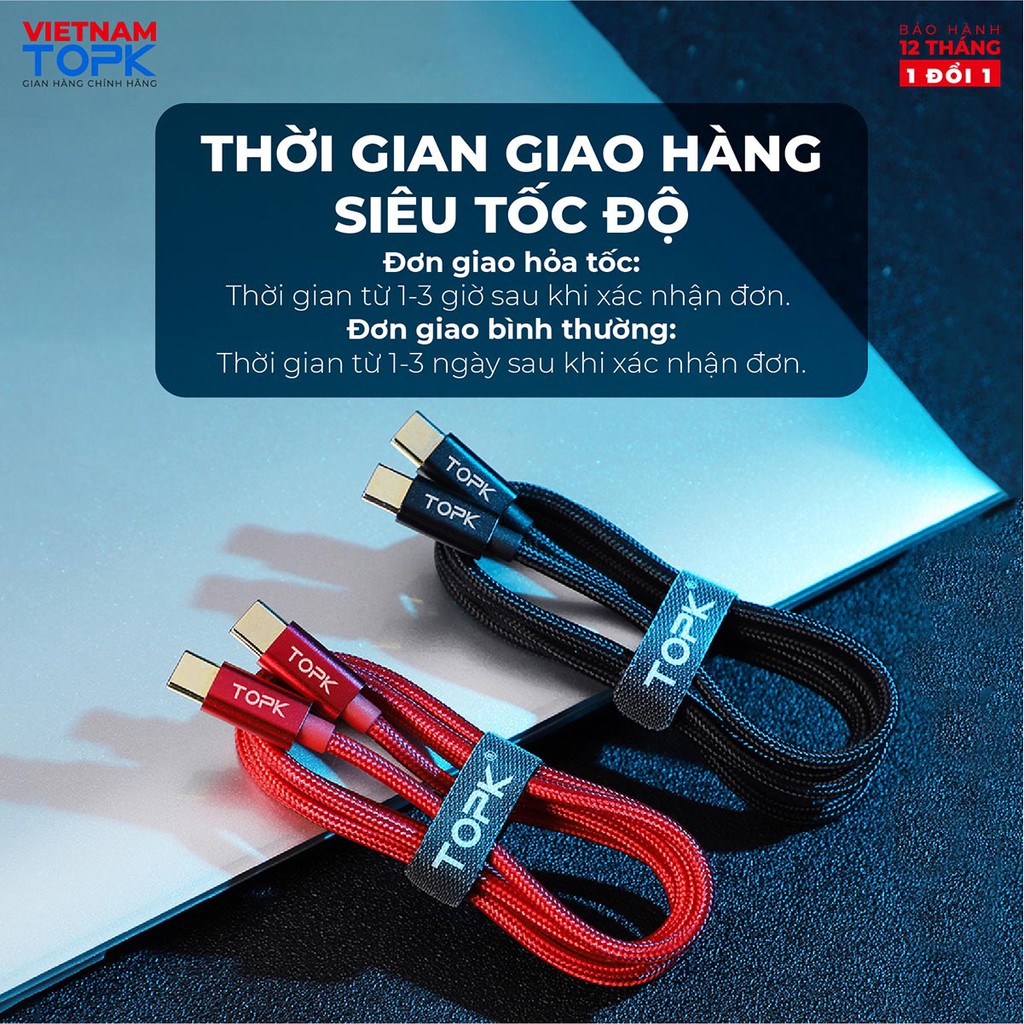 Cáp sạc nhanh Type-C sang lightning TOPK AN80 - Sạc nhanh dòng 3A vỏ bện nylon -  Hàng phân phối chính hãng