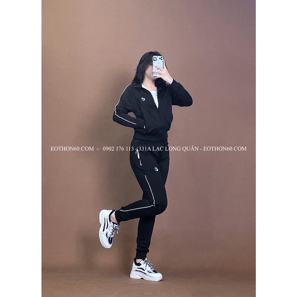 Áo khoác crop nai màu đen , jogger 1 sọc đen sọc trắng  Eothon60