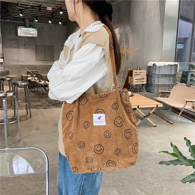 Túi Tote Vải Nhung Gân Tăm Mặt Cười 2 Lớp Kiểu Hàn