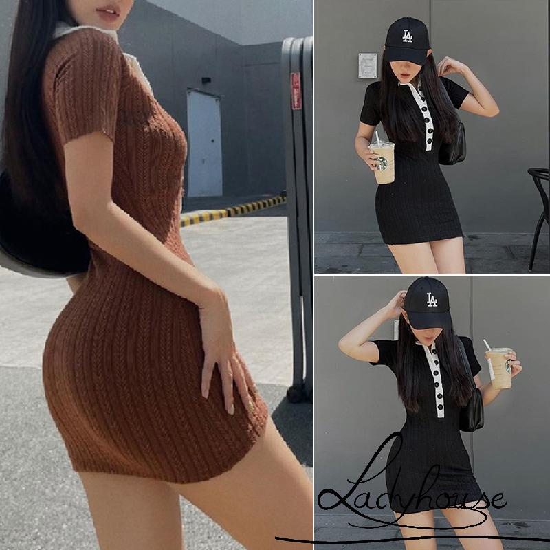 Đầm Dệt Kim Ngắn Tay Dáng Ôm Màu Sắc Tương Phản Xẻ Tà Thời Trang Cho Nữ