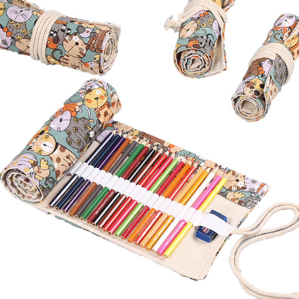 Túi Đựng Bút Chì 12 / 24 / 36 / 48 / 72 Ngăn Bằng Vải Bạt Họa Tiết Hoạt Hình Sáng Tạo Thanh Lịch