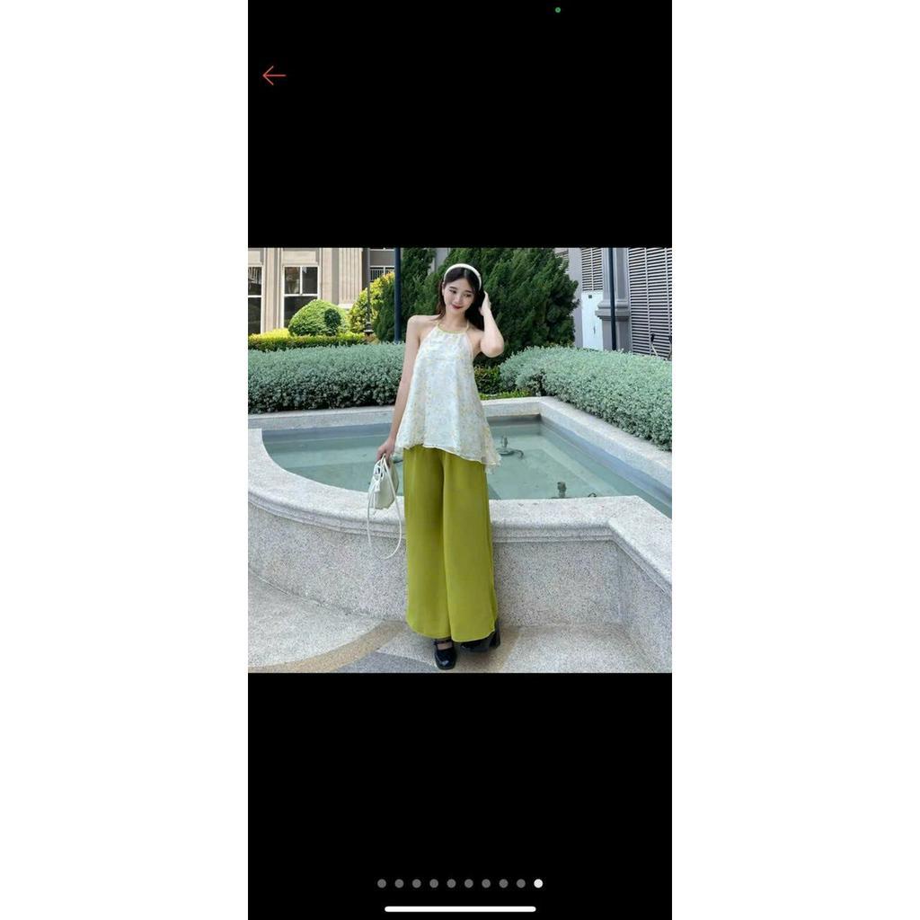 Set bộ nữ chất voan in họa tiết xinh xắn áo cổ yếm xòe hở lưng quyến rũ kèm quần suông dài siêu xinh