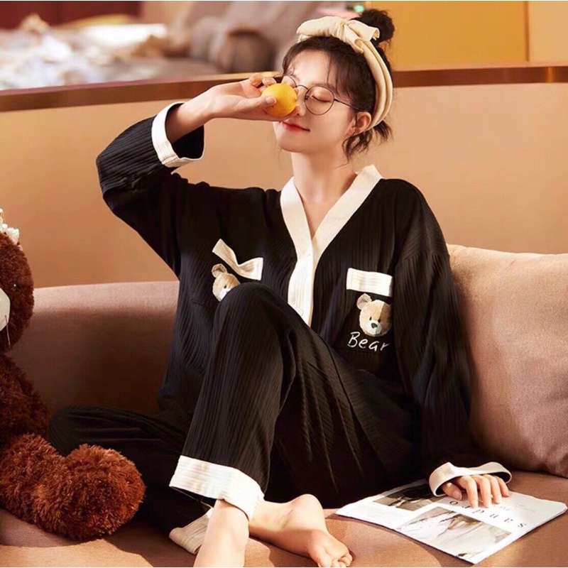 Bộ ngủ nữ mặc nhà dễ thương chất gân mịn freesize JUNIDO