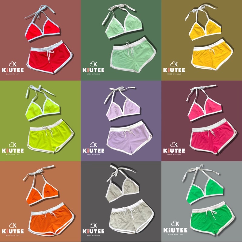 Nguyên bộ áo Bralette cột cổ và quần Booty short ngắn màu trơn cá tính - LOVEKIUTEE