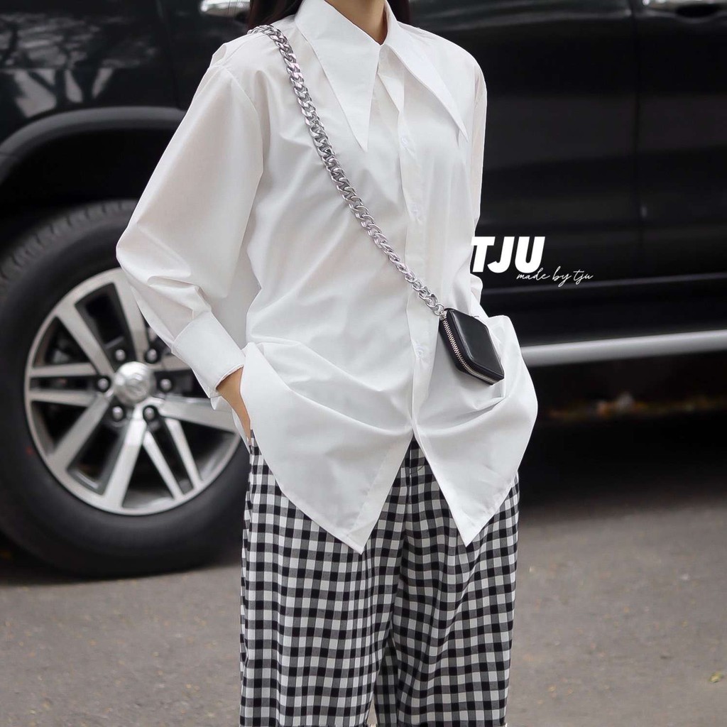 Sơ mi nữ dài tay màu trắng phối đai cổ dài, Sơ mi nữ dài tay phối đai ulzzang, Hàn Quốc, thiết kế T-Ju (somi kelly)