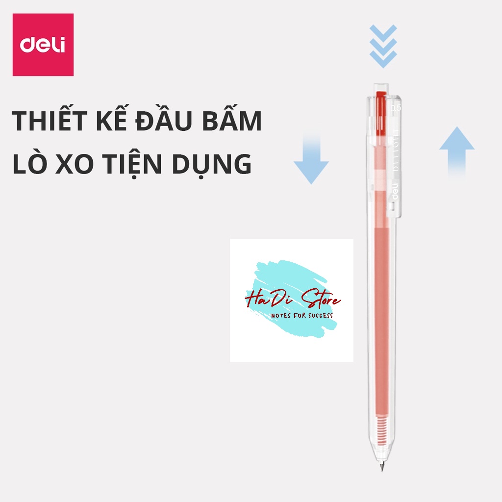 Bút bi bấm mực gel nhiều màu nét 0.5mm DELI nhanh khô viết trơn tru đều màu