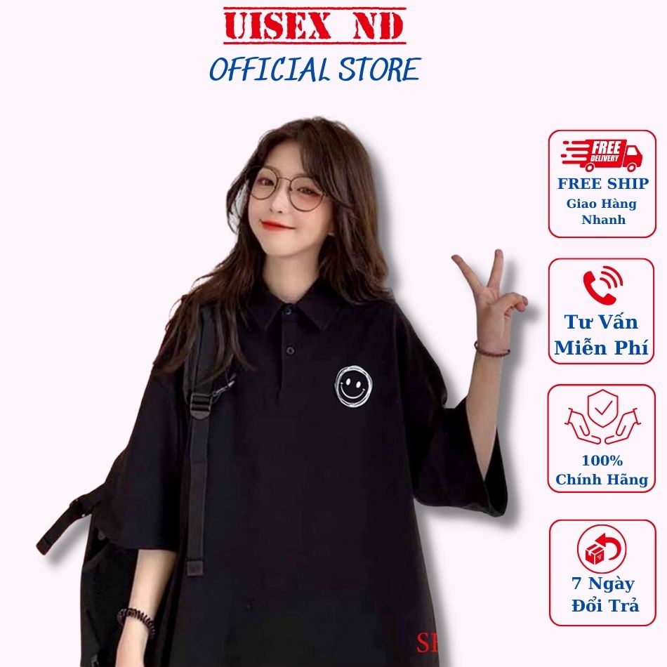 Áo Polo form rộng nam nữ in hình mặt cười, kiểu dáng unisex oversize, phong cách thời thượng, chất cotton cao cấp