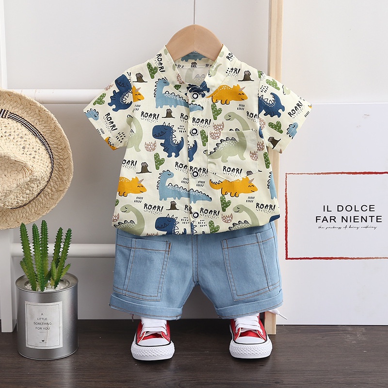 Set áo sơ mi khủng long kèm quần jeans cho bé trai 1-4 tuổi