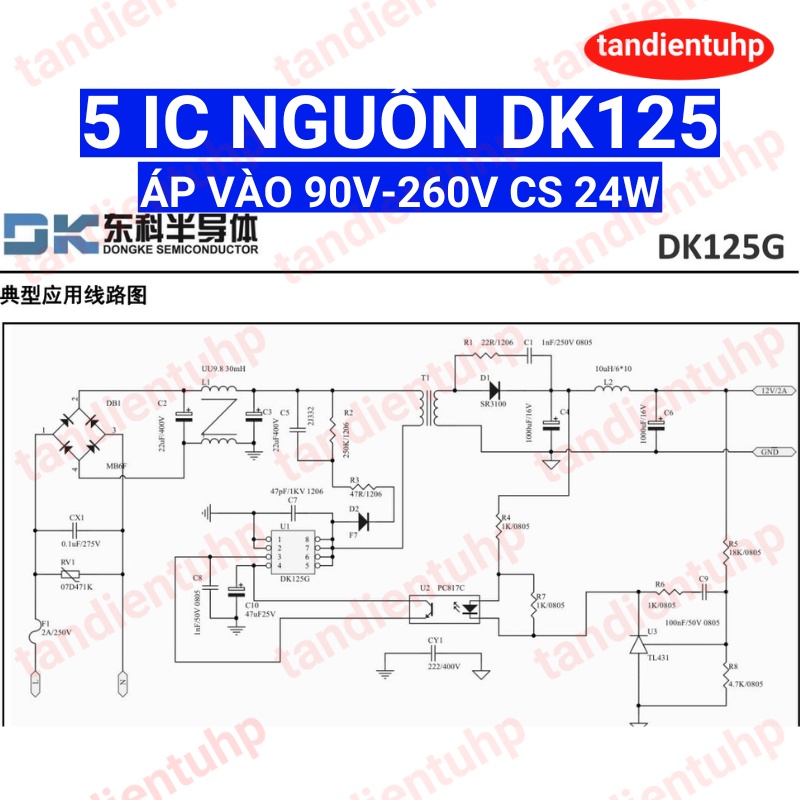 IC nguồn DK125 dải điện áp vào 90V-260V công suất tối đa 24W, hàng mới chính hãng, đã test trực tiếp trên mạch chạy OK