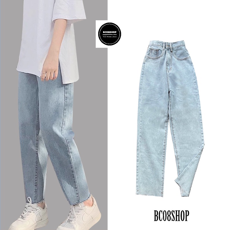 Quần Jean Baggy Dáng Suông Đứng Xanh Nhạt Cắt Gấu Lai Tua