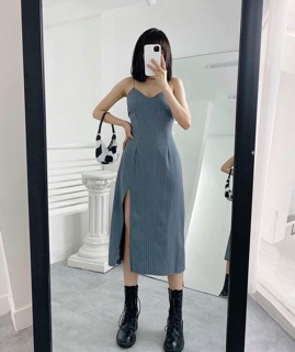 Đầm 2 dây sọc xanh xẻ tà