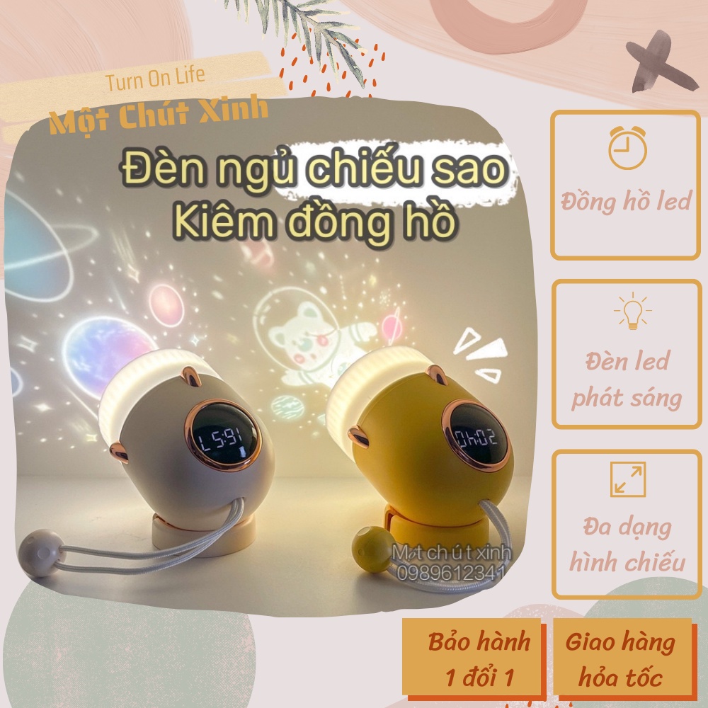 Đèn ngủ chiếu hình bầu trời sao có đồng hồ để bàn, đèn decor sạc pin trang trí phòng ngủ chiếu sao cổ tích có đồng hồ