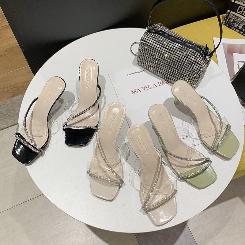 NEW Sale#Giày cao gót hở mũi thời trang Hàn Quốc rhinestone dép trong suốt dây chéo nữ gợi cảm .