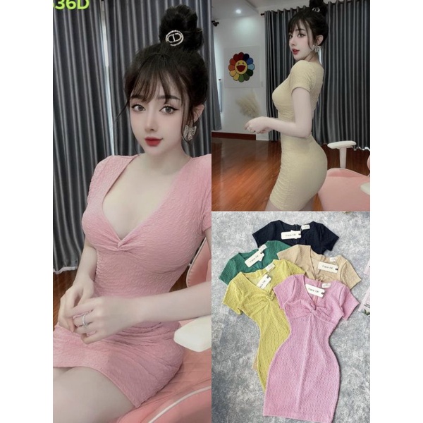 Đầm Cổ V Xoắn Ngực - Thun Gân Xương Cá - Tay Ngắn Dáng Ngắn Form Ôm Body Sexy