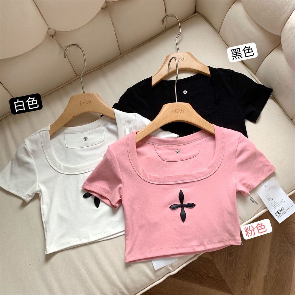 Áo Thun Croptop Ngắn Tay Hai Màu Trắng Đen Thời Trang Cho Nữ
