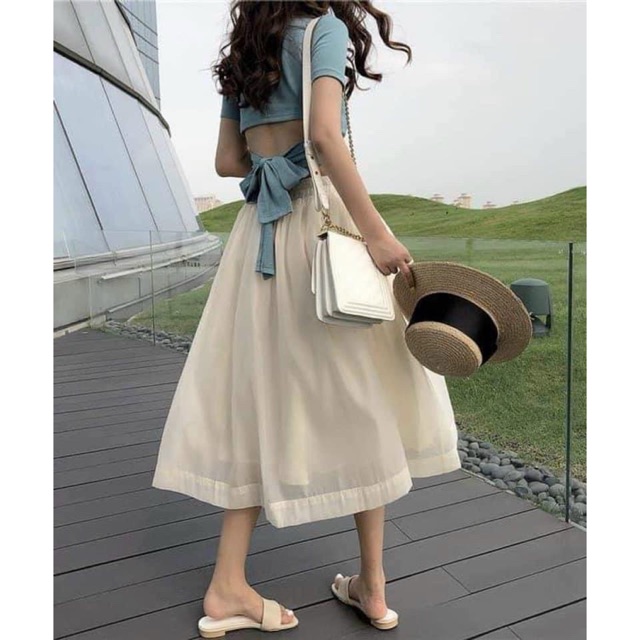 Set áo cột nơ lưng chân váy voan xòe thời trang nữ midi