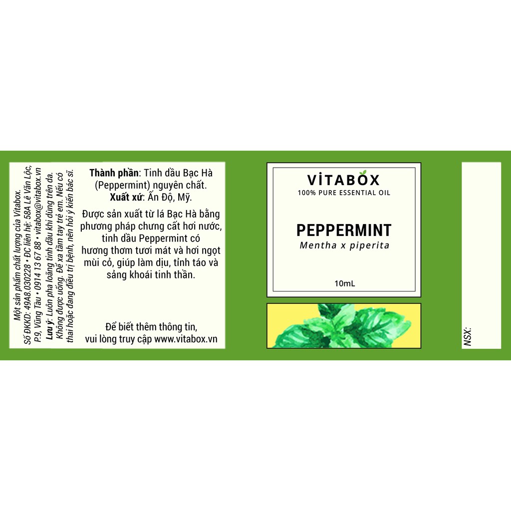 Tinh Dầu Bạc Hà (Peppermint) - 100% Thiên Nhiên Nguyên Chất - Vitabox Natural Essential Oil