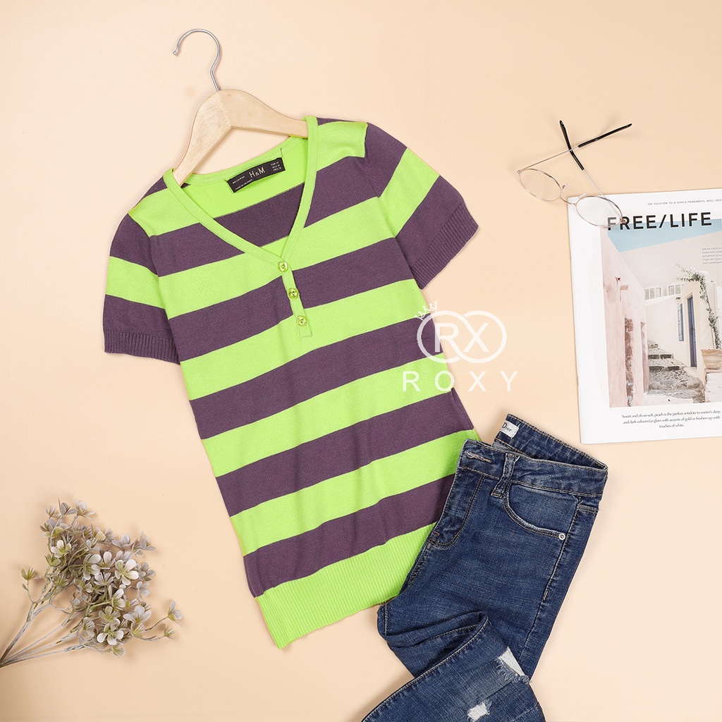 Áo Len Cổ Tim Nút Cài Tay Ngắn Viền Sọc Ngang Ngân Roxy | BigBuy360 - bigbuy360.vn