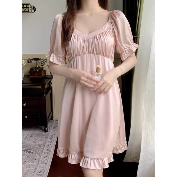 VÁY LỤA SATIN CAO CẤP TIỂU THƯ TAY NGẮN CỔ V