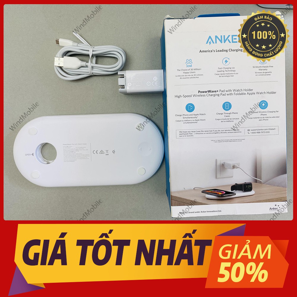 Dây Sạc, Củ Sạc Sạc Không Dây Anker PowerWave+ kiêm giá đỡ Apple Watch